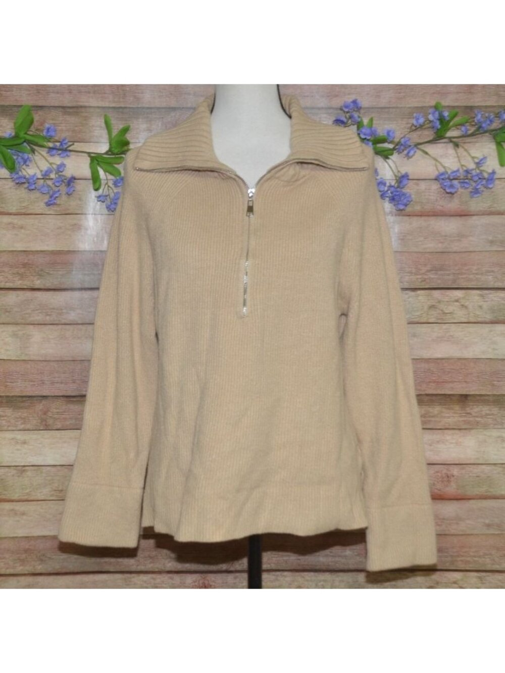 BTFBM Womens Tan Ribbed Knit High Neck Quarter Zip Sweater Size M So Soft Casual